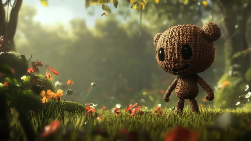 Woven teddy character explores a sunlit forest meadow.