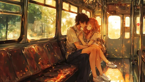 Sunlit train carriage cradles two teens in quiet summer love