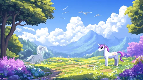 Cartoon unicorns in bright mountain meadow landscape scene.