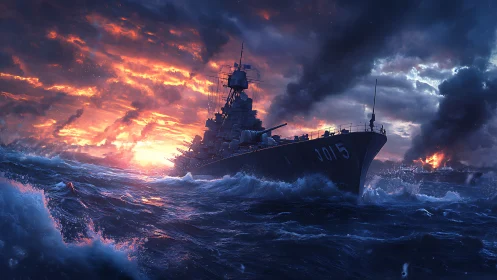 Warship advances through rough sea under burning sky