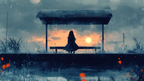 Silhouette of a lone figure at a rural shelter at sunset