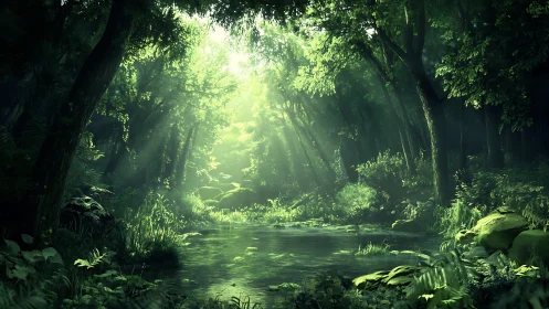 Luminous forest canopy with cathedral light rays penetrating dense vegetation architecture