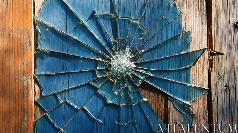 Shattered blue glass sunburst etched across weathered wood.