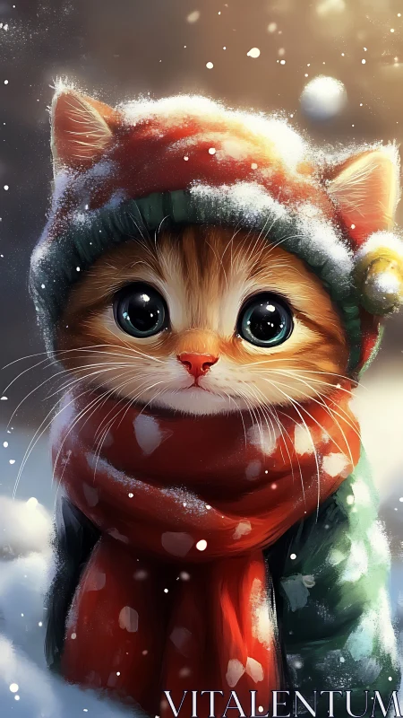 Digital illustration of orange tabby cat wearing festive red and green holiday clothing with snow