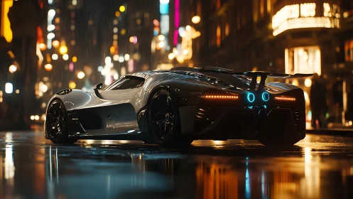 Futuristic hypercar reflects neon rain on cinematic city street.
