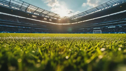 Low-angle depth-of-field view across sunlit soccer pitch grass