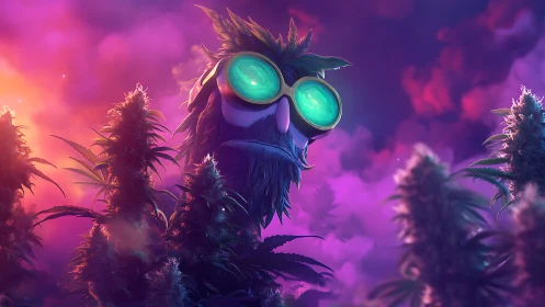 Cartoon owl in neon goggles among glowing weed plants.