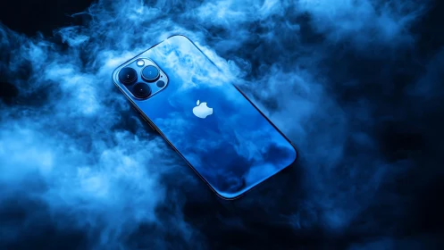 Blue iPhone Pro Immersed in Ethereal Mist.