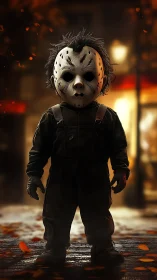 Child in horror mask stands on wet urban street at dusk