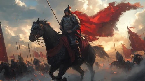 Armored warlord on rearing horse leading scarlet banner charge.