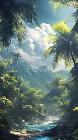 Tropical mountain valley with dense jungle and stream.