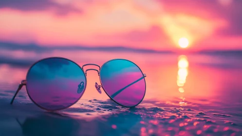 Round sunglasses on wet sand with vivid sunset sky.