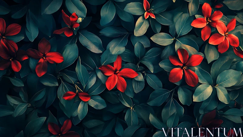 Red flowers with teal leaves in overhead composition