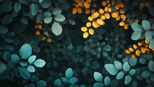 Vibrant Golden and Teal Foliage in Artistic Nature Photography.