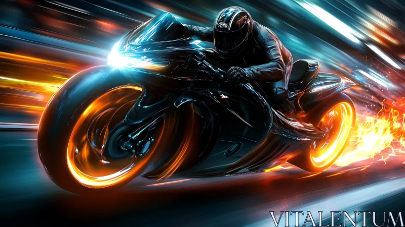 Blazing neon superbike rockets through a glowing city night