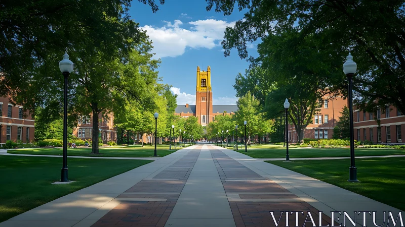 Sunlit collegiate walkway leading to central campus tower.