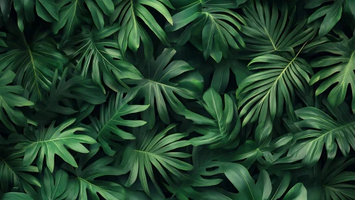 Dense overlapping tropical foliage with deep green tones.
