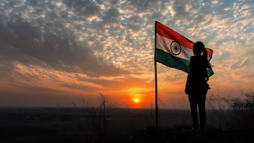Indian flag and lone figure silhouetted against blazing sunset.