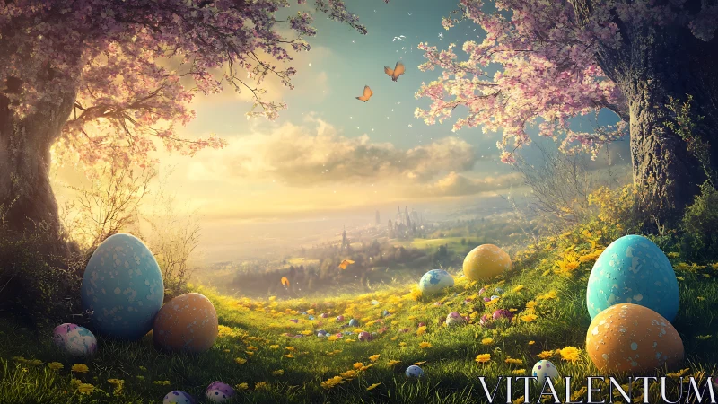 Fantasy spring valley with monumental pastel Easter eggscape.