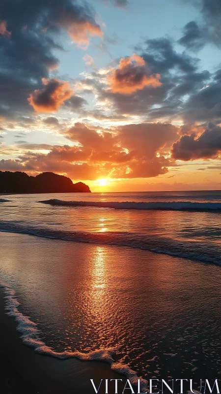 Coastal sunset ignites reflective surf under storm clouds.