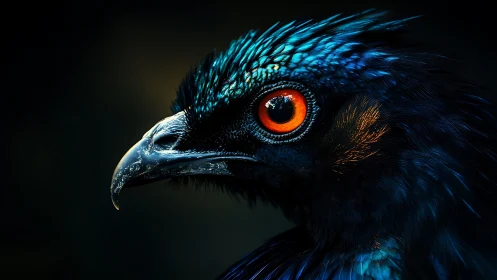 Striking Portrait of Exotic Bird with Vibrant Orange Eye in Dark Art Style.