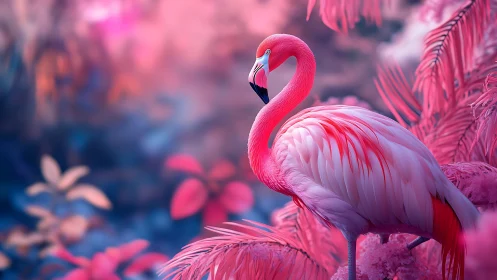 Pink flamingo in stylized tropical jungle environment.