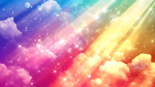 Iridescent celestial cloudscape with radiant light shafts.