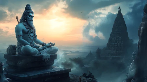 Monumental blue sage meditates above mist-laden temple valley