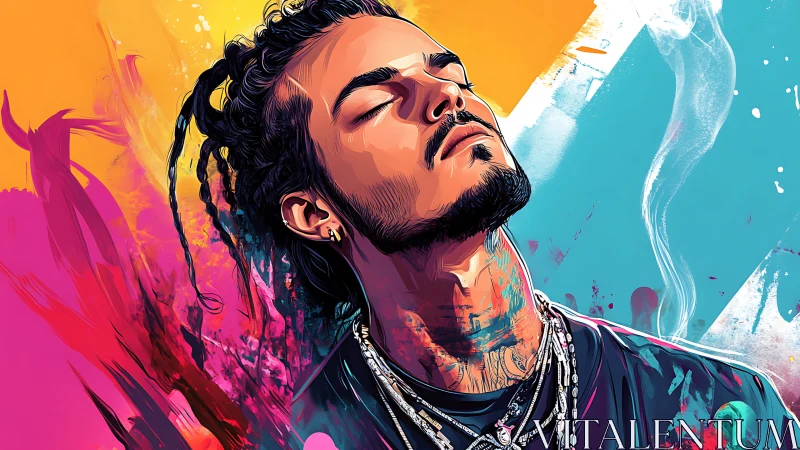 Color-splashed portrait shows man in tranquil upward pose