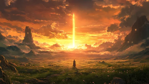 Figure in valley observing vertical light pillar at sunset.