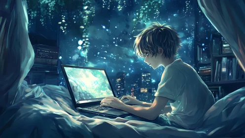 Starlit coder boy weaving midnight worlds on laptop glow.