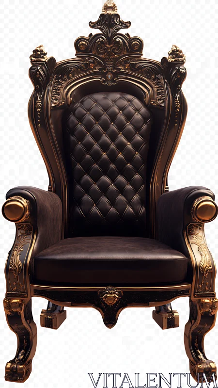 Ornate black and gold royal throne chair front view.