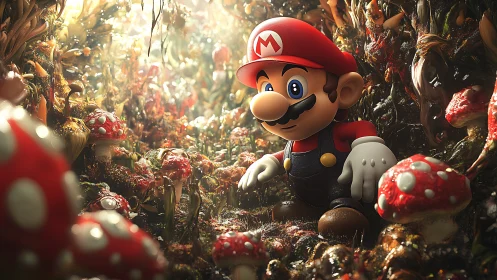 Cartoon plumber figure in dense mushroom forest setting.