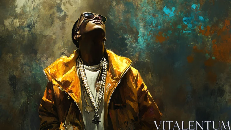 Urban portrait in golden jacket under textured teal sky.