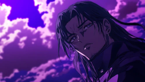 Brooding anime hero beneath a boldly glowing violet sky.