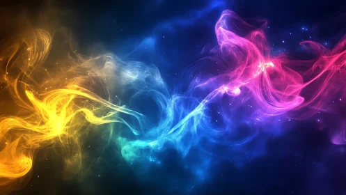 Nebula energy ribbons in luminous tri-color spectrum.