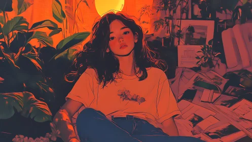 Moody girl in sunlit room with plants and scattered papers.