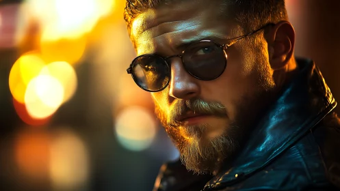 Bearded man in leather jacket under neon night bokeh glow.