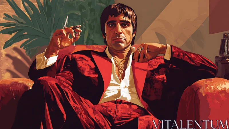 Seated male figure in red suit rendered in flat vector