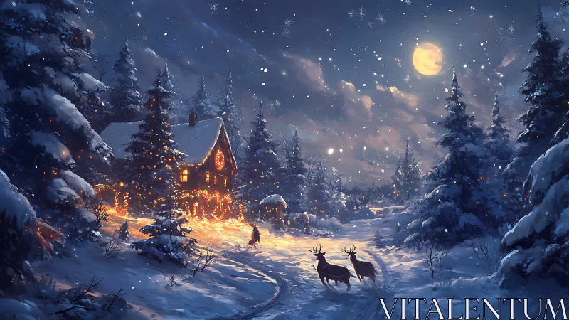 Moonlit snowdrifts listen as a lantern cottage hums warm secrets