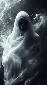 Veiled skeletal figure emerging within swirling white vapor.
