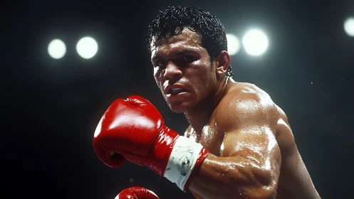 Professional boxer in red gloves under arena lights