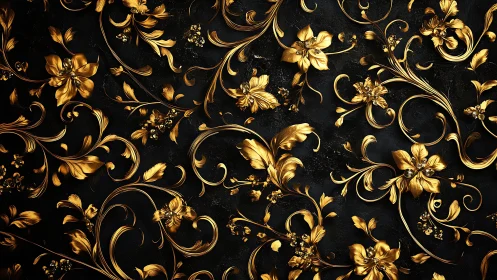 Ornate gold floral filigree pattern on dark textured background.
