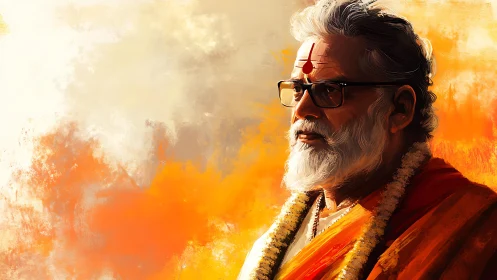 Elderly Hindu priest portrait rendered in warm digital paint