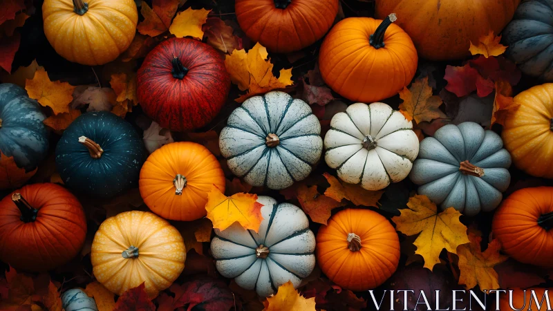Multicolored pumpkins lie on autumn leaves in tight arrangement