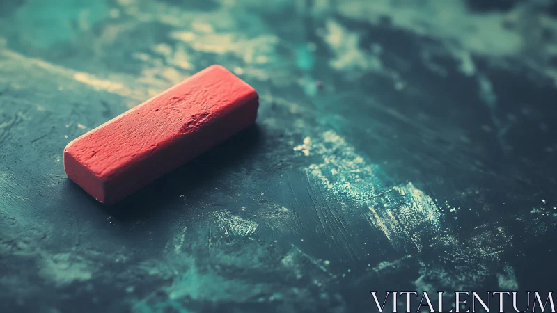 Red pastel block rests on textured teal painterly surface