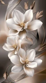 Three white orchid flowers with golden centers arranged vertically