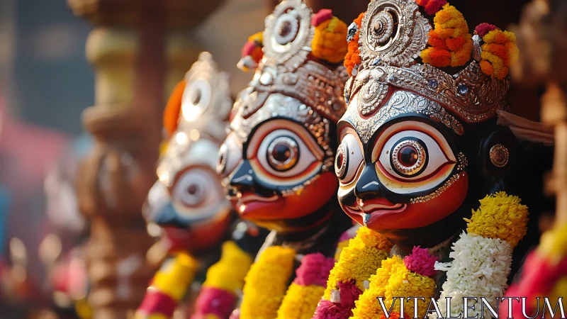 Row of decorated wooden ritual deity heads with garlands.
