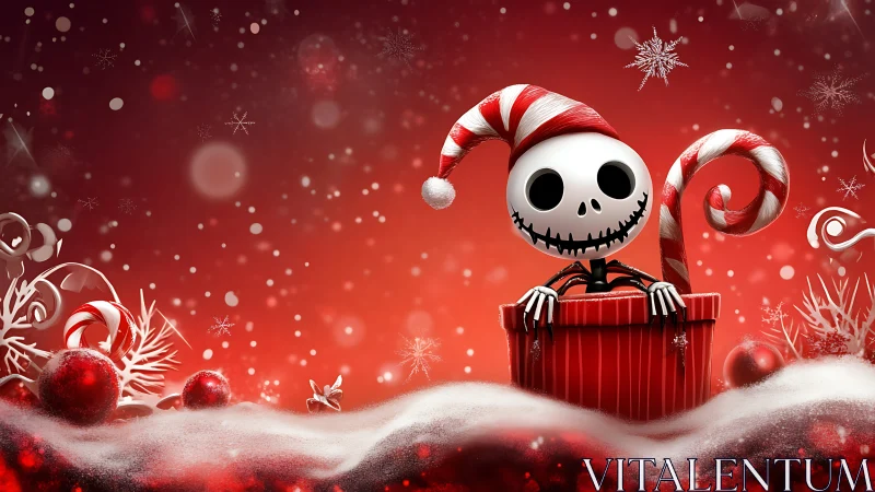 Skeleton character wearing striped hat emerges from gift box
