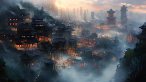 Mist-draped neon pagoda city hums between ages at dusk